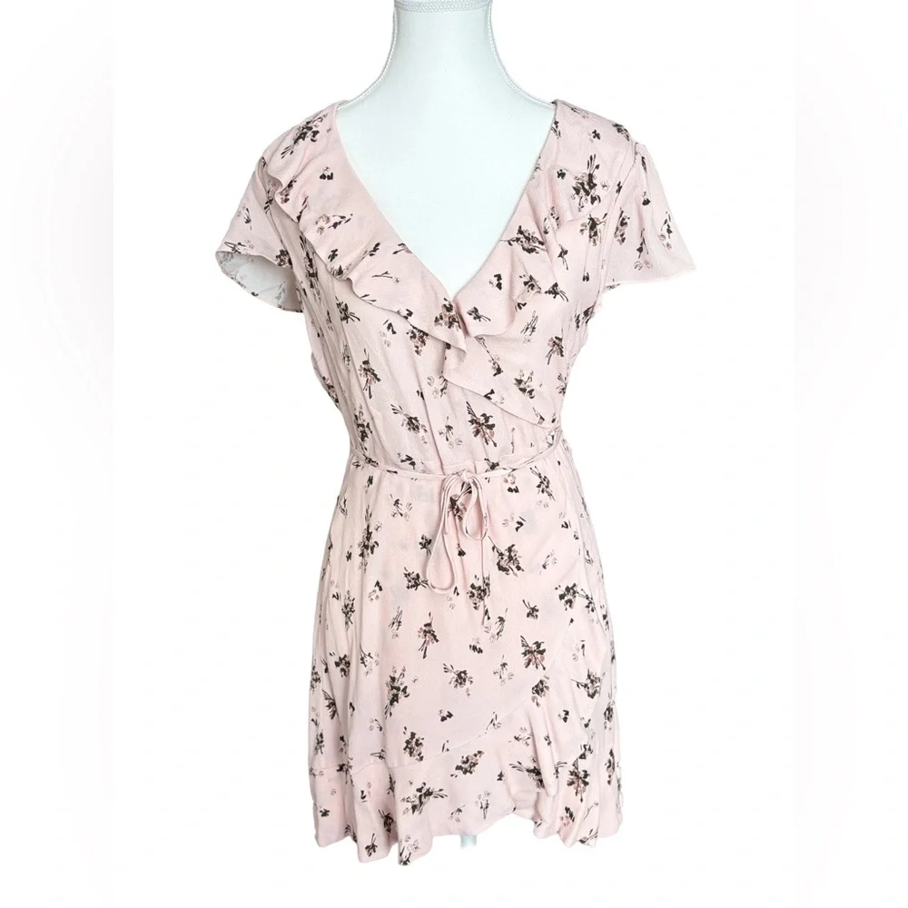 Sunday Best Floral Wrap Pink Ruffle Mini Dress Tie Waist Size S - Picture 2 of 6